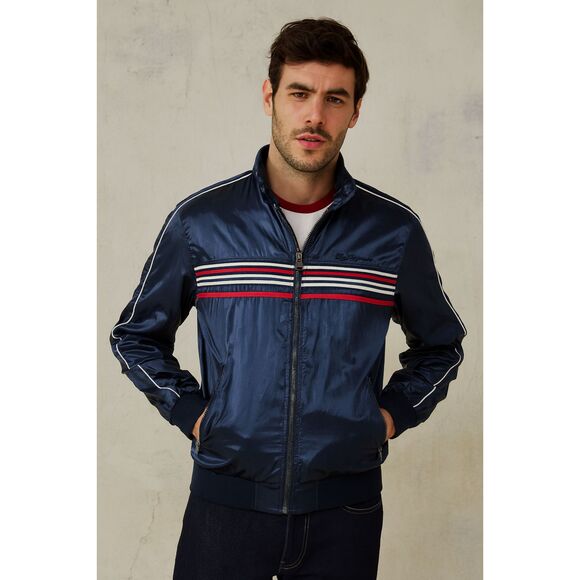 Ben Sherman Blue Satin Retro Stripe Full Zip Mod Bomber Jacket   Mens Size Large - Picture 1 of 8